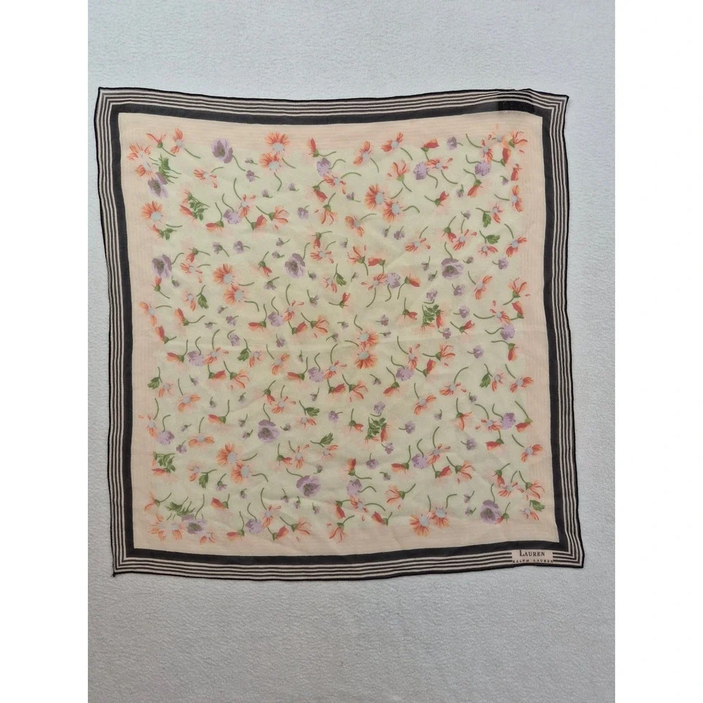 Lauren Ralph Lauren Silk Square Scarf Floral Black Striped Border 21x21 Cottage